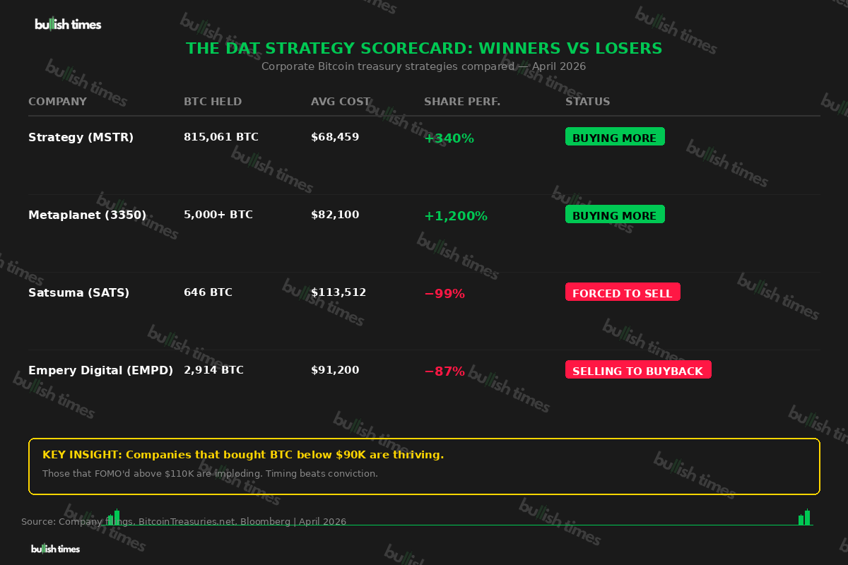 DAT strategy comparison showing Strategy and Metaplanet thriving while Satsuma and Empery collapse