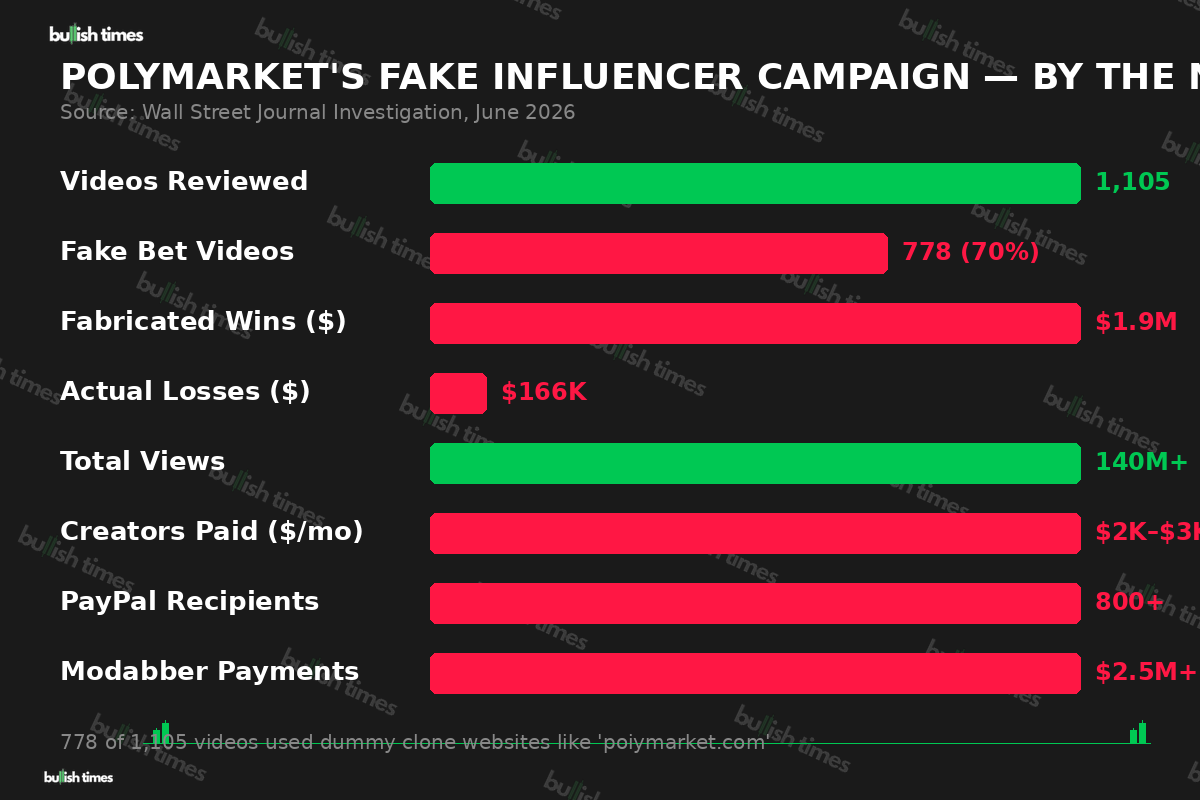 Polymarket's fake influencer campaign broken down by the numbers — 1,105 videos reviewed, 778 on dummy sites, $1.9M in fabricated bets