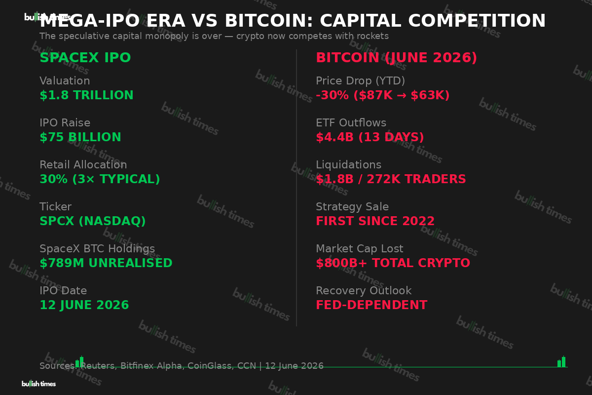 Comparison chart of SpaceX IPO metrics versus Bitcoin's June 2026 performance