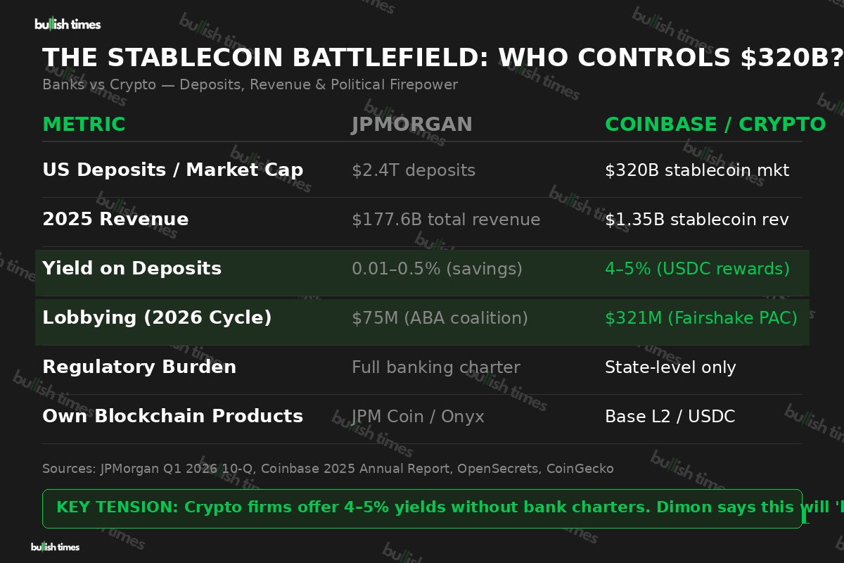 The stablecoin battlefield — comparing JPMorgan and Coinbase across deposits, revenue, yields, and lobbying spend