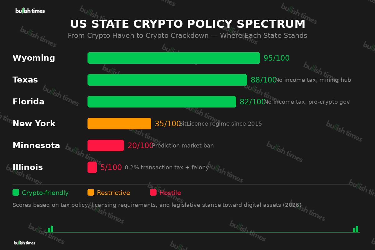 US state crypto policy spectrum from crypto-friendly to hostile