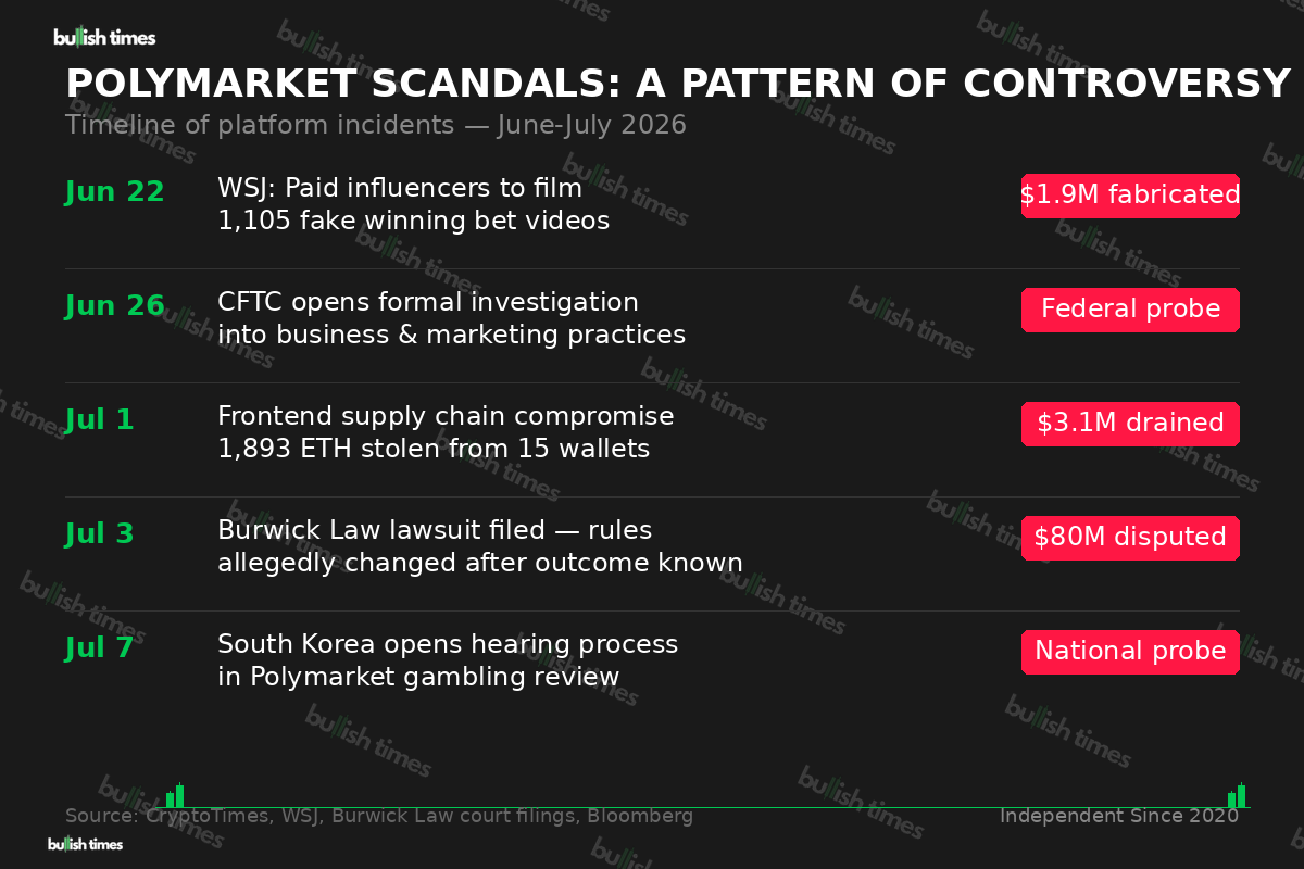Timeline of Polymarket controversies from June to July 2026, showing fake videos, CFTC investigation, frontend breach, and the Burwick Law lawsuit