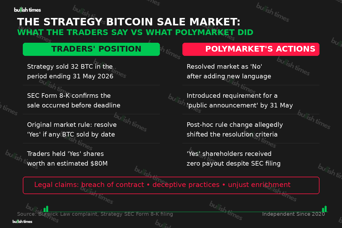 Side-by-side comparison of traders' position versus Polymarket's actions in the Strategy Bitcoin sale market dispute