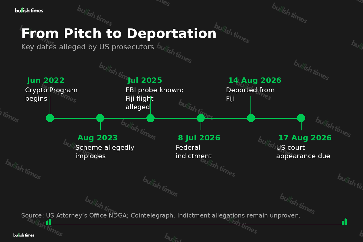 Timeline of the alleged Crypto Program case from June 2022 to August 2026