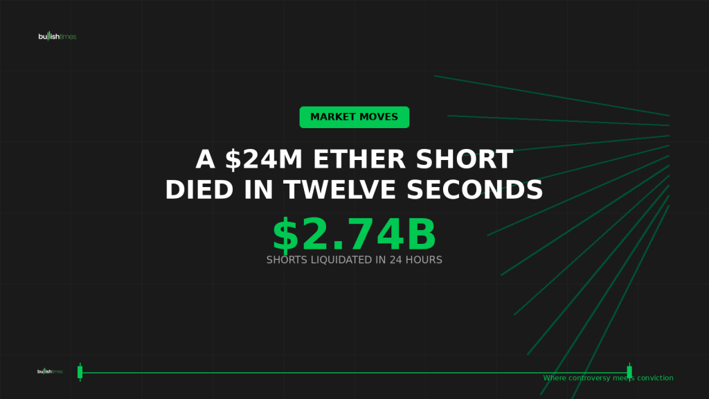 A Hyperliquid wallet that had made roughly $49m shorting crypto lost nearly $24m in a twelve-second ether liquidation as a record short squeeze hit the market.