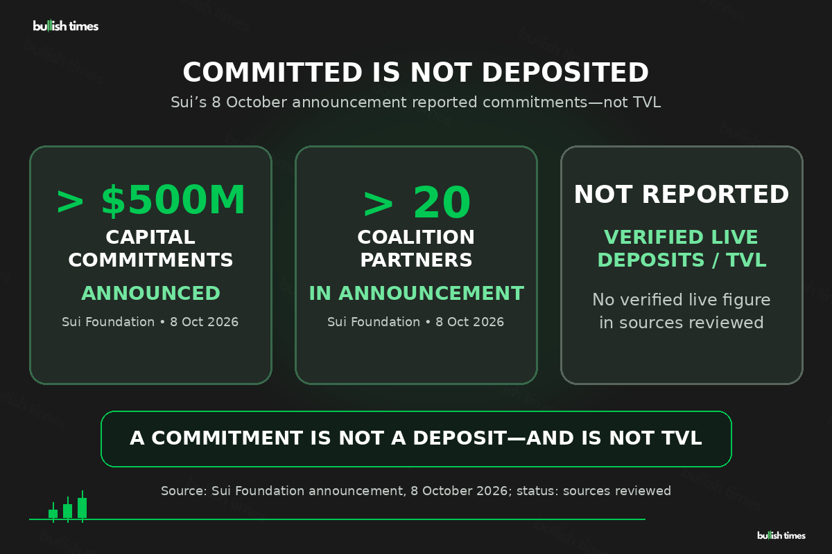 Sui announced more than $500 million in capital commitments from a launch coalition of more than 20 partners. The reviewed sources do not establish a verified live-deposit or TVL amount.