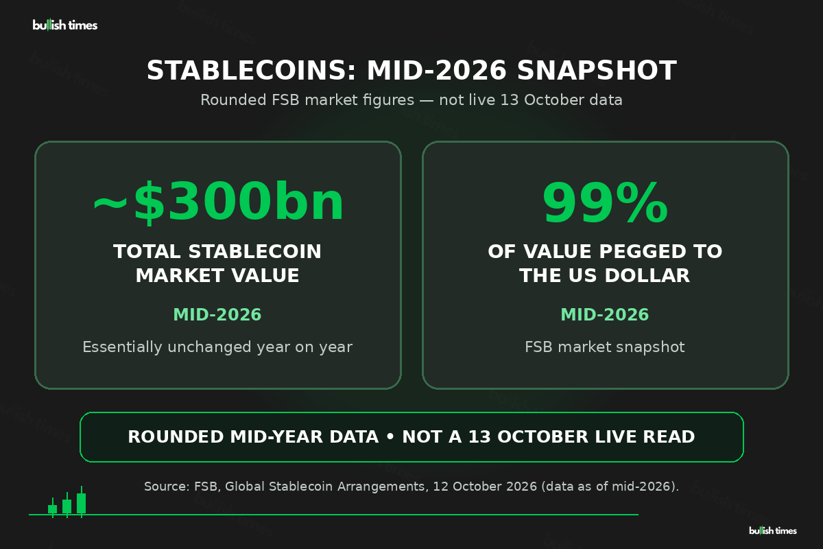 FSB mid-2026 snapshot: stablecoins had around $300 billion in total market value, essentially unchanged year on year, and 99 per cent of value was pegged to the US dollar. Rounded mid-year figures, not live 13 October data.