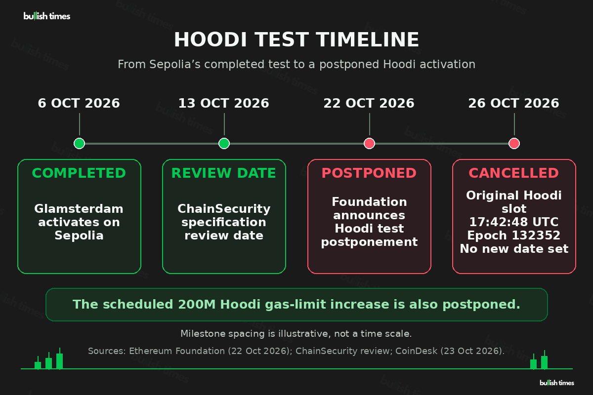 Timeline of Glamsterdam testing: Sepolia activation on 6 October 2026, specifications reviewed on 13 October, Hoodi postponement announced on 22 October, and the cancelled 26 October 17:42:48 UTC activation at epoch 132,352. No replacement date has been set.