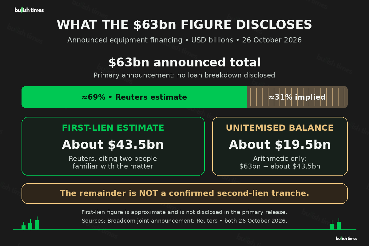 Announced $63bn financing total split between Reuters’ approximate $43.5bn first-lien estimate and a calculated $19.5bn unitemised balance; the latter is not confirmed second-lien financing.