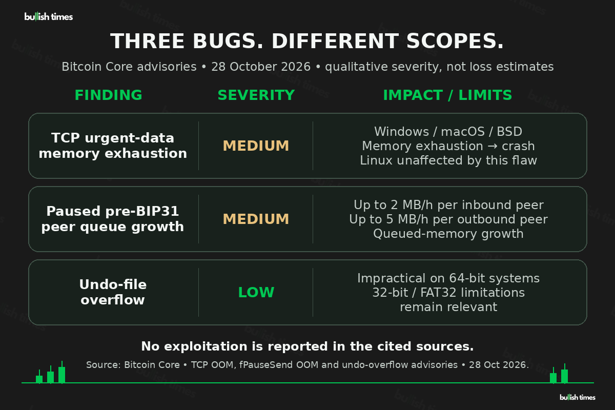 Scope and severity matrix: Medium TCP memory exhaustion affects Windows, macOS and BSD, not Linux; Medium paused pre-BIP31 peer queues can grow up to 2 MB/hour inbound and 5 MB/hour outbound per peer; Low undo-file overflow is impractical to exploit on 64-bit, with 32-bit and FAT32 limitations remaining.