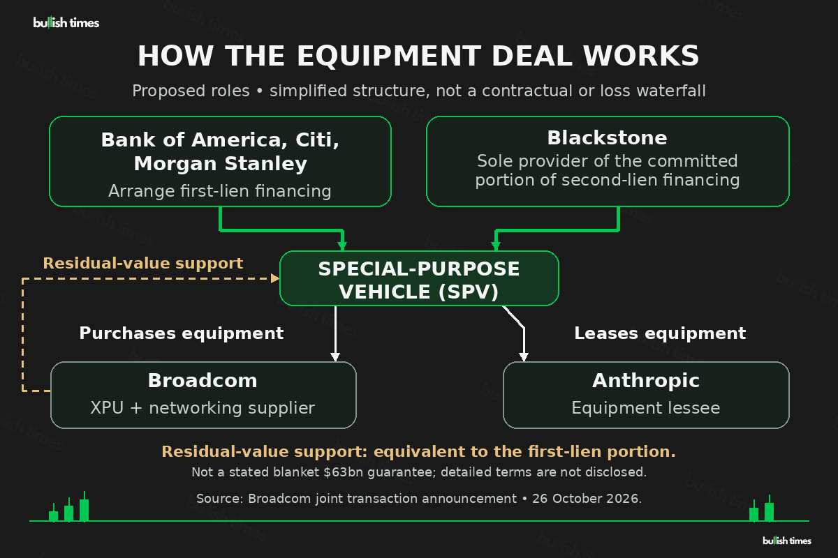 Proposed SPV structure: banks arrange first-lien financing, Blackstone provides the committed portion of second-lien financing, the SPV buys Broadcom equipment and leases it to Anthropic, and Broadcom supplies stated residual-value support.