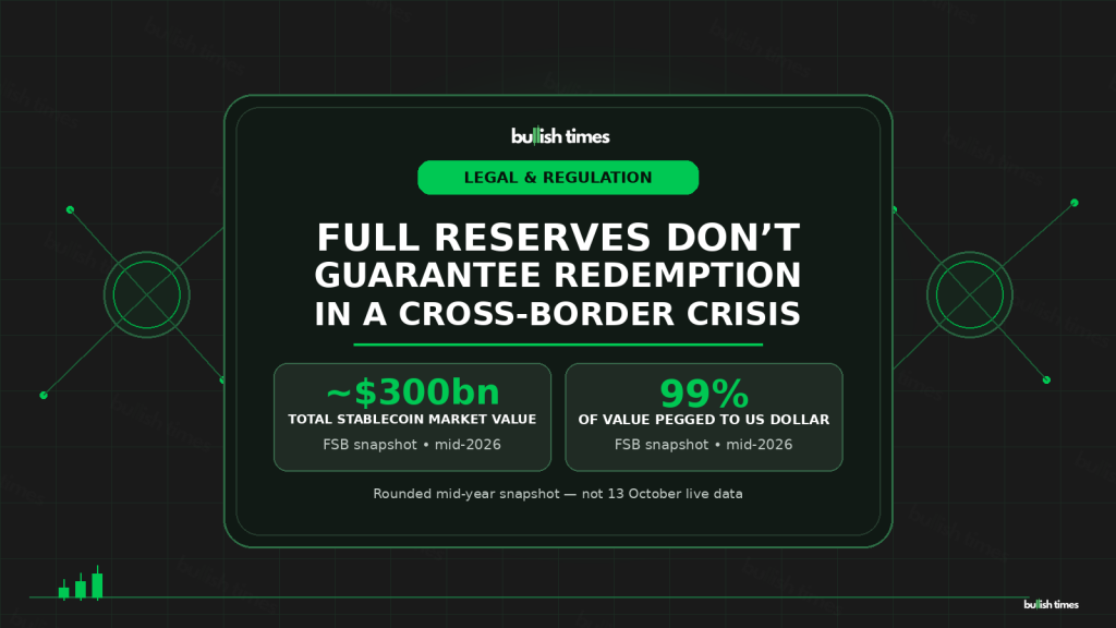 Full reserves do not guarantee stablecoin redemption in a cross-border crisis; FSB mid-2026 snapshot shows around $300bn market value and 99% pegged to the US dollar.