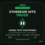 Bullish Times editorial graphic: Ethereum hits pause; Hoodi testnet activation postponed while gas-rule compatibility is investigated.