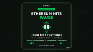 Bullish Times editorial graphic: Ethereum hits pause; Hoodi testnet activation postponed while gas-rule compatibility is investigated.