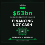 Editorial graphic distinguishing the announced $63bn Broadcom-linked AI equipment financing from a cash investment in Anthropic.