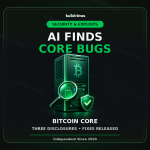 Editorial graphic about three Bitcoin Core AI-assisted bug disclosures, rated two Medium and one Low, emphasising patch discipline rather than a Bitcoin network takeover.