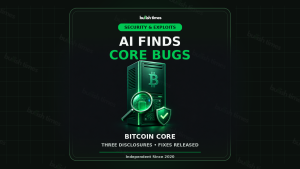 Editorial graphic about three Bitcoin Core AI-assisted bug disclosures, rated two Medium and one Low, emphasising patch discipline rather than a Bitcoin network takeover.